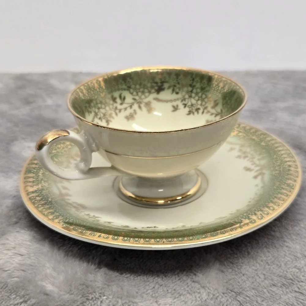 Schirnding Bavaria Porcelain Teacup Saucer Set Green Gold Floral Vintage Germany